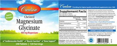 Photo of the Carlson Chelated Magnesium Glycinate 400 mg label