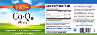 Photo of the Carlson Co-Q10 200 mg label