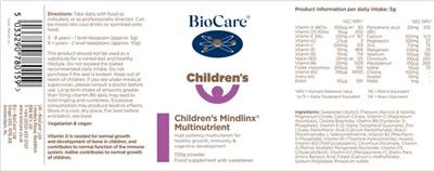 Photo of the BioCare Children's Mindlinx Multinutrient label