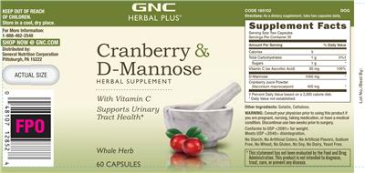 Photo of the GNC Herbal Plus Cranberry & D-Mannose label