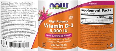 Photo of the NOW High Potency Vitamin D-3 5,000 IU label