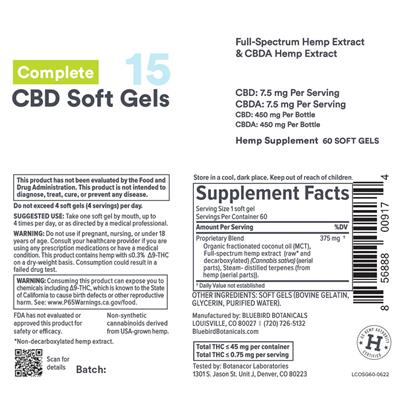 Photo of the Bluebird Botanicals Complete CBD Soft Gels 15 mg label
