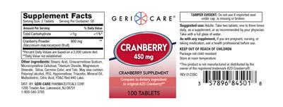 Photo of the Geri-Care Cranberry 450 mg label