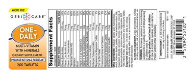 Photo of the Geri-Care One-Daily Multi-Vitamin with Minerals label