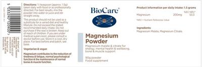 Photo of the BioCare Magnesium Powder label