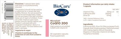 Photo of the BioCare MicroCell CoQ10 200 label