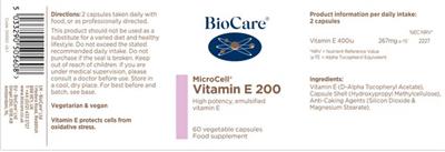 Photo of the BioCare MicroCell Vitamin E 200 label