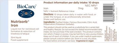 Photo of the BioCare Nutrisorb Iron label