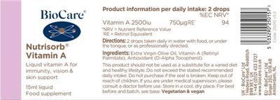 Photo of the BioCare Nutrisorb Vitamin A label