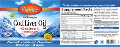 Photo of the Carlson Cod Liver Oil Gems Natural Lemon Flavor label