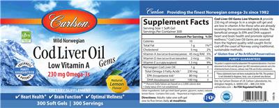 Photo of the Carlson Cod Liver Oil Gems Low Vitamin A Natural Lemon Flavor label