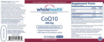 Photo of the WholeHealth CoQ10 400 mg label