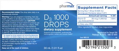 Photo of the Pharmax D3 1000 Drops label