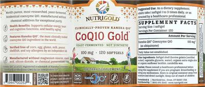 Photo of the NutriGold CoQ10 Gold 100 mg label