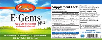 Photo of the Carlson E-Gems Elite 400 IU (268 mg) label