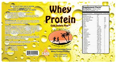 Photo of the California Academy of Health Whey Protein Gold Isolate Plus Chocolate label