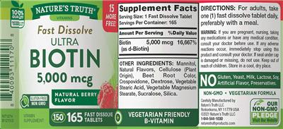 Photo of the Nature's Truth Fast Dissolve Ultra Biotin 5,000 mcg Natural Berry Flavor label