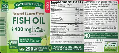 Photo of the Nature's Truth Fish Oil 2,400 mg Natural Lemon Flavor label