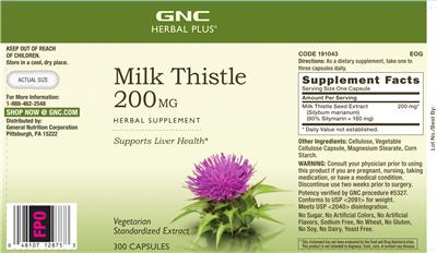 Photo of the GNC Herbal Plus Milk Thistle 200 mg label