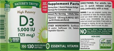 Photo of the Nature's Truth High Potency D3 5,000 IU (125 mcg) label