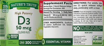 Photo of the Nature's Truth High Potency D3 50 mcg (2,000 IU) label