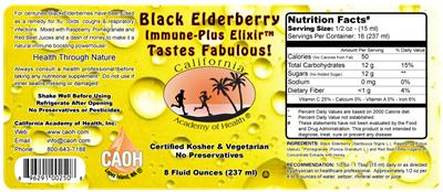 Photo of the California Academy of Health Black Elderberry Immune-Plus Elixir label
