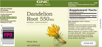 Photo of the GNC Herbal Plus Dandelion Root 550 mg label