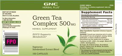 Photo of the GNC Herbal Plus Green Tea Complex 500 mg label