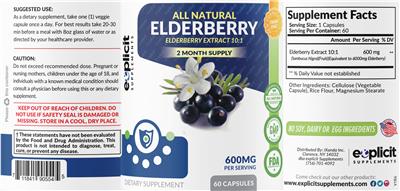 Photo of the eXplicit Supplements Elderberry 600 mg label