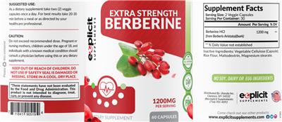 Photo of the eXplicit Supplements Extra Strength Berberine 1200 mg label