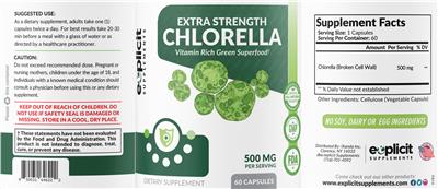 Photo of the eXplicit Supplements Extra Strength Chlorella 500 mg label