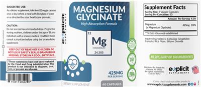Photo of the eXplicit Supplements Magnesium Glycinate 425 mg label