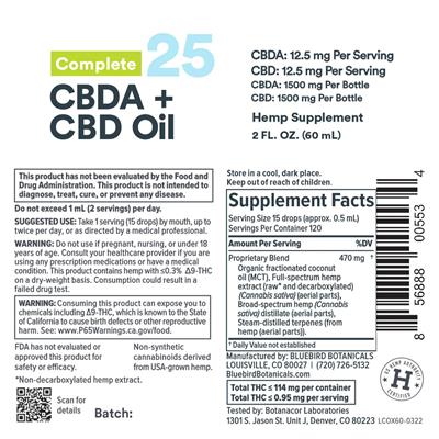 Photo of the Bluebird Botanicals Complete CBDA + CBD Oil 25 mg label