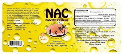 Photo of the California Academy of Health NAC N-Acetyl Cysteine 600 mg label