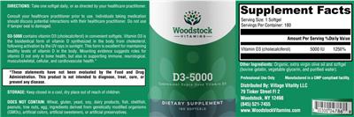 Photo of the Woodstock Vitamins D3-5000 label