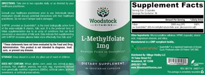Photo of the Woodstock Vitamins L-Methylfolate 1mg label