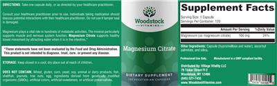 Photo of the Woodstock Vitamins Magnesium Citrate label