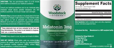 Photo of the Woodstock Vitamins Melatonin 3 mg Peppermint Flavor label