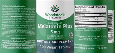 Photo of the Woodstock Vitamins Melatonin Plus 5 mg label