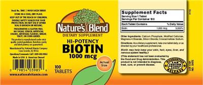 Photo of the Nature's Blend Hi-Potency Biotin 1000 mcg label