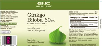 Photo of the GNC Herbal Plus Ginkgo Biloba 60 mg label
