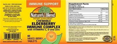 Photo of the Nature's Blend Chewable Elderberry Immune Complex Mixed Berry label