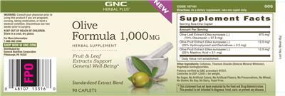 Photo of the GNC Herbal Plus Olive Formula 1,000 mg label