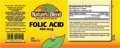 Photo of the Nature's Blend Folic Acid 400 mcg label