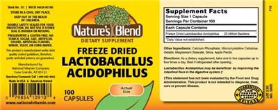 Product label for Freeze Dried Lactobacillus Acidophilus
