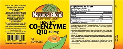 Photo of the Nature's Blend HiSorb Co-Enzyme Q10 30 mg label