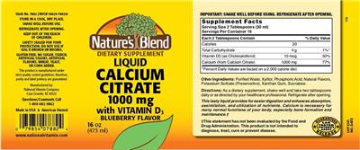 Photo of the Nature's Blend Liquid Calcium Citrate 1000 mg with Vitamin D3 Blueberry Flavor label