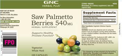 Photo of the GNC Herbal Plus Saw Palmetto Berries 540 mg label