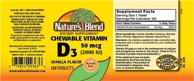 Photo of the Nature's Blend Chewable Vitamin D3 50 mcg (2000 IU) Vanilla Flavor label