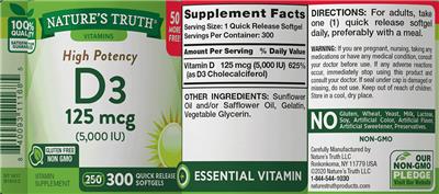 Photo of the Nature's Truth High Potency D3 125 mcg (5,000 IU) label